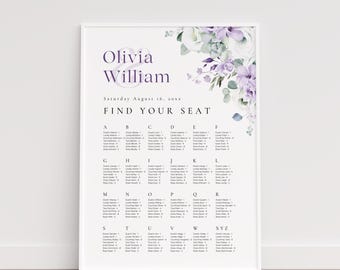 Purple Floral Wedding Seating Chart: Editable Guest Seating Sign (Digital Download, 24x36 & 18x24&quot;)