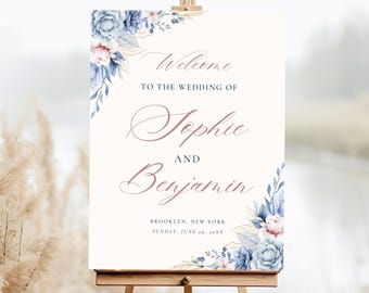 Dusty Blue Wedding Welcome Sign,  Dusty Pink Floral Reception Board, Printable Poster Template, Editable Large Welcome Sign | NAVIA