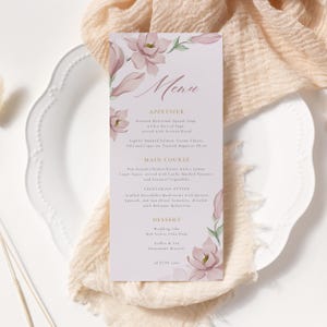 MAGNOLIA Blush Pink & Dusty Rose Hochzeitsmenü, bearbeitbare Menüvorlage für das Abendessen mit Blumenmuster, druckbare Ereigniskarte, DIY, M01