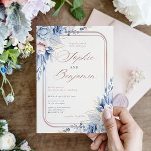 Invitación de boda elegante NAVIA Boho: invitación floral en acuarela rosa empolvado y azul, plantilla DIY, marco colorido, borde moderno, N01