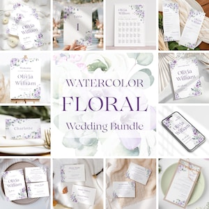 May include: A collection of watercolor floral wedding stationery. The bundle includes invitations, table cards, welcome signs, and a seating chart. Each piece features a delicate purple floral design and the names "Olivia William".