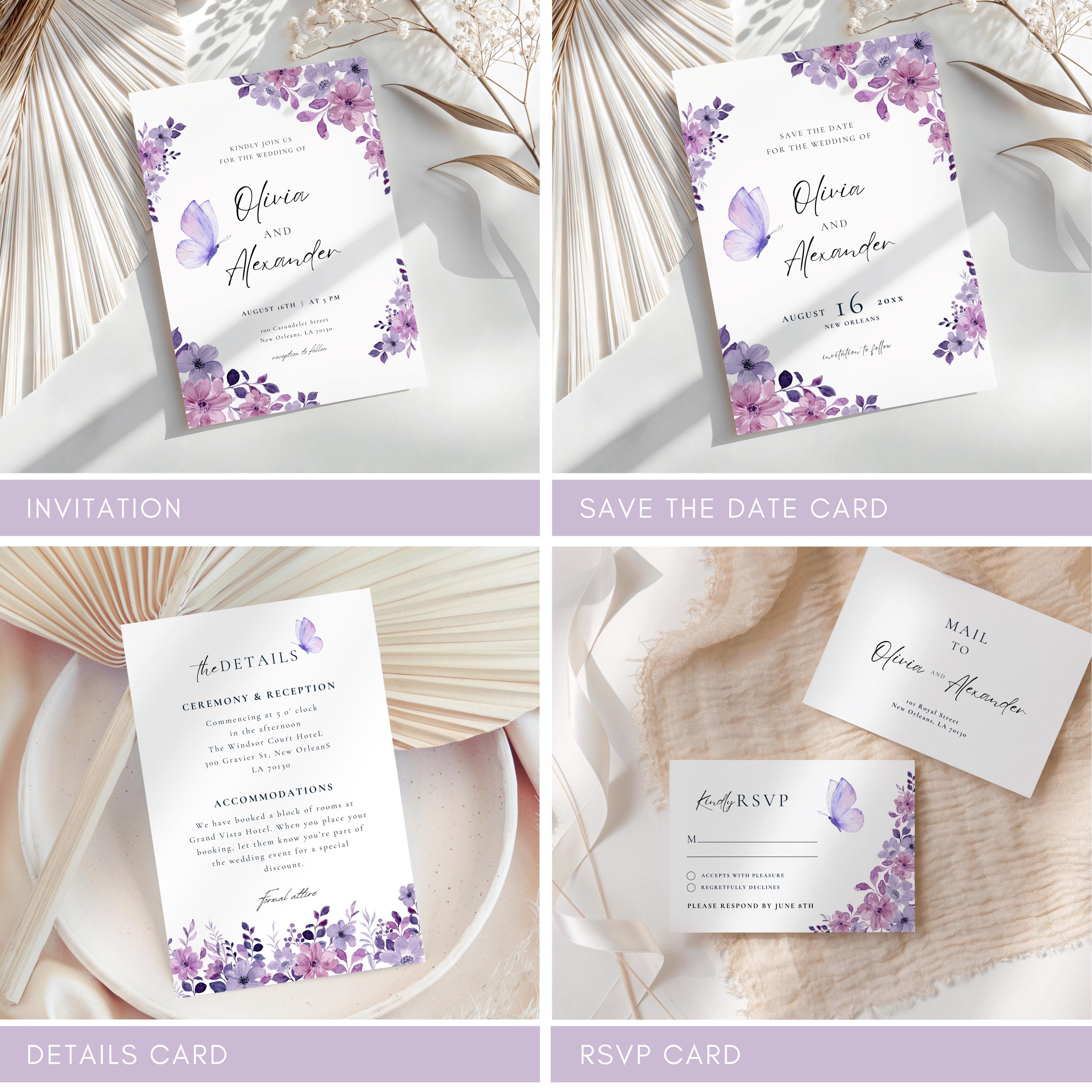 Invite Sign Wedding Invitation & Sign Bundle Purple, Editable Lilac Invite Mega ...