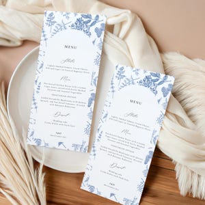 TOILERA Toile Hochzeitsmenü Vorlage, Dusty Blau Karte, Chinoiserie Floral Duschmenü, Probe Abendessen Menü, DIY Printable, T01