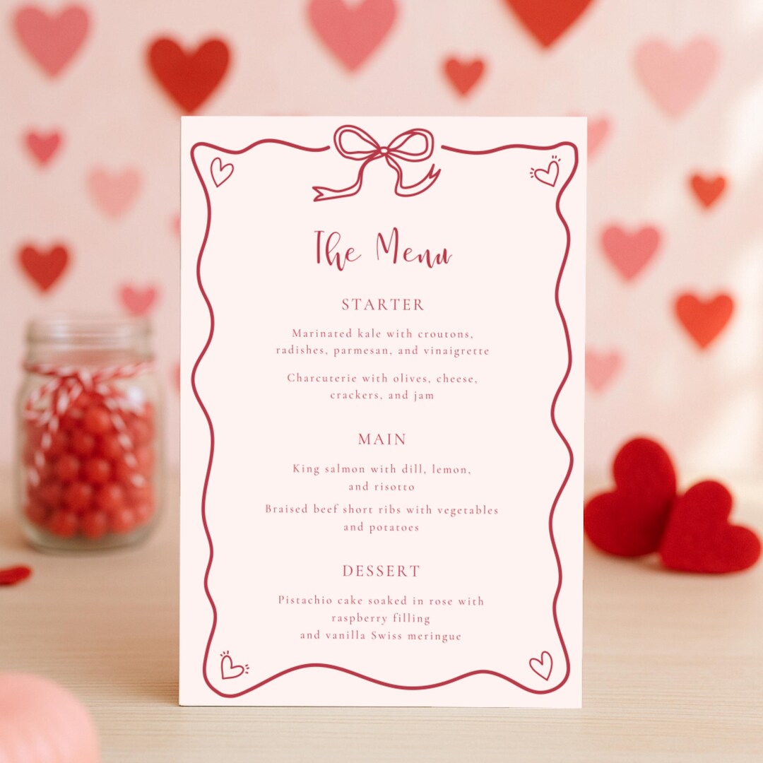 Valentine Menu Template, Pink and Red Wedding Dinner Design, Printable ...