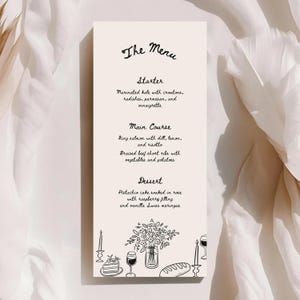 Modelo de cardápio de casamento desenhado à mão: cardápio de jantar criativo, cardápio preto para festa (editável no Canva, 4x9&quot; para impressão, download instantâneo H01)