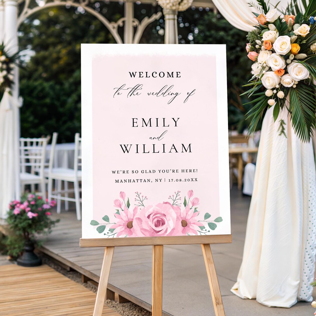Pastel Pink Floral Wedding Canva Welcome Sign, Watercolor Engagement ...