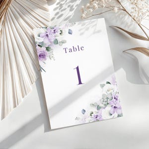 Purple Watercolor Wedding Table Numbers: Peony, Lavender (Canva Editable Printable R02, 5x7")