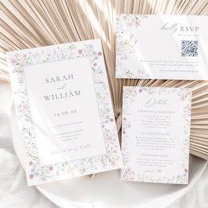 May include: A set of wedding stationery featuring floral designs in pastel colors. The invitation includes the names "SARAH and WILLIAM" and event details. The RSVP card has a QR code. The details card lists ceremony and reception information.