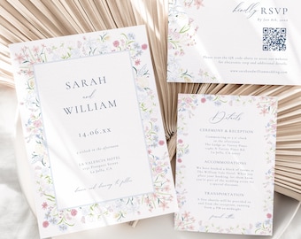Wildflower Wedding Invitation Set with QR Code RSVP (Canva Template)