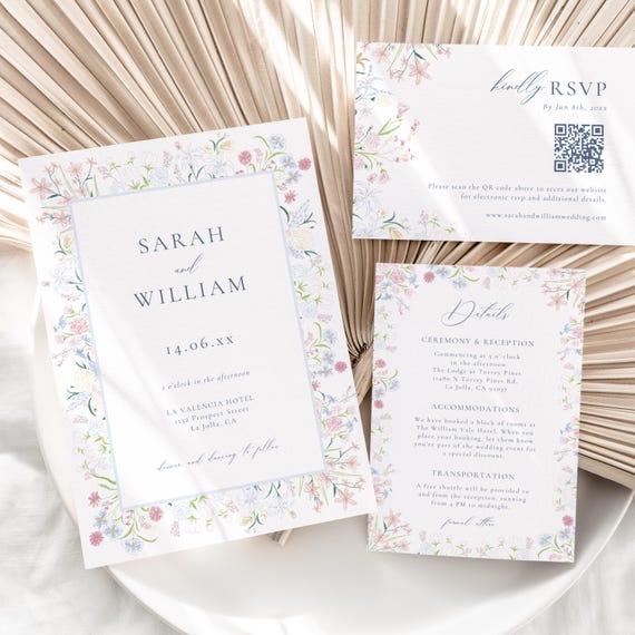 Wildflower Wedding Invitation Set with QR Code RSVP (Canva Template) | BLOSSOM