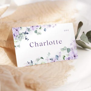 Purple Floral Wedding Place Cards: Editable Name Tags with Meal Icons (Digital Download)