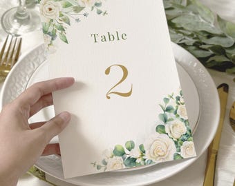 Floral Wedding Table Numbers: Eucalyptus Greenery, Vintage Style (DIY Printable, 5x7")