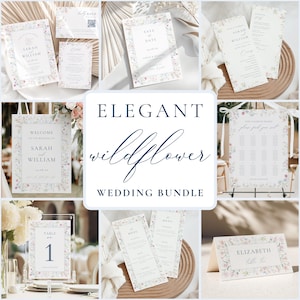 May include: A wedding stationery bundle featuring white paper cards with wildflower floral borders, including a welcome sign, save the date, RSVP card, menu, table number, seating chart, and place card, all displaying the text Sarah and William.