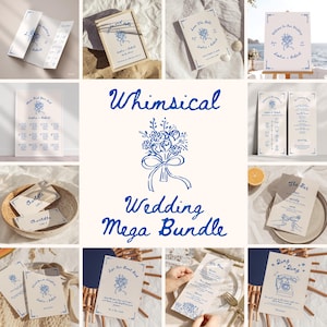 Whimsical Wedding Sign Bundle, Hand Drawn Wedding Template Bundle, Vintage Wedding Stationery Bundle, Blue Color Wedding Bundle, Canva, W01