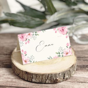 Tarjetas de lugar BLOOM rosas para bodas, etiquetas de nombre con vegetación, etiquetas de mesa florales de acuarela, plantilla plana y plegable, descarga instantánea, B01