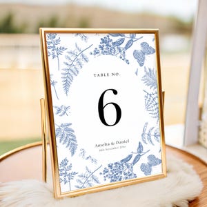 TOILERA Dusty Blue Wedding Table Numbers, French Toile Table Card Template, Chinoiserie, Editable Printable Reception Table Number, T01