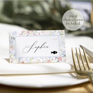 Marque-places BLOSSOM avec icône de choix de repas, marque-places floraux, cartes de visite dessinées à la main, étiquettes de nom de siège de fleurs sauvages, cartes de siège modifiables, B02