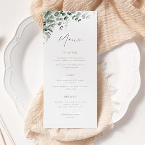 EUCALYPTUS Greenery Menu, INSTANT DOWNLOAD, Dinner Wedding, Editable Table Menu, Printable Menu, Minimal Canva Template, E01