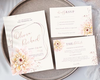 Dahlia Floral Wedding Invitation Suite with RSVP and Details: Blush Pink Watercolor (Digital Download)