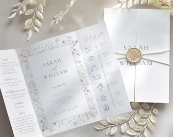 Wedding Invitation Gatefold, Wildflower Floral Wedding Invite Suite Template: Editable Spring Canva Design, Digital Download (BLOSSOM)