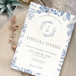 TOILERA Invito per matrimonio blu polvere, invito toile francese, chinoiserie floreale, romantico e minimalista, fai da te, stampabile, download immediato, T01