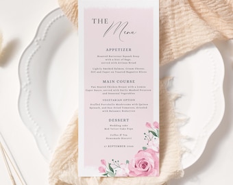 Wedding Menu Template: Pink Floral Botanical Dinner, DIY Printable (4x9, Instant Download)