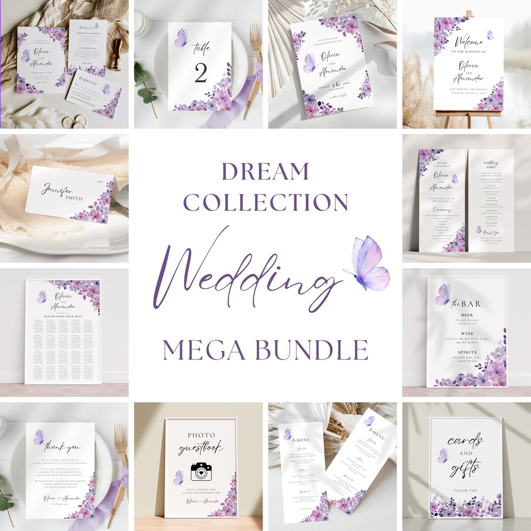 Invite Sign Wedding Invitation & Sign Bundle Purple, Editable Lilac Invite Mega ...