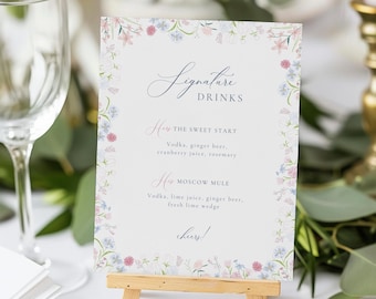 Wildflower Wedding Signature Drinks Template, Colorful Floral Canva Menu Sign for Reception 5x7 & 8x10 | BLOSSOM