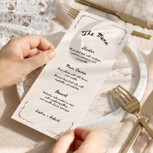 Modelo de cardápio de casamento desenhado à mão: Jantar extravagante, editável pelo Canva (impressão instantânea de 4x9 pol., download H01)