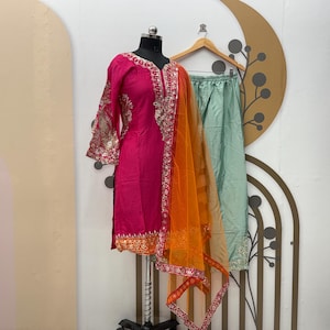 Pink Chinon Salwar Kameez: Embroidered Indian Kurta Palazzo Set