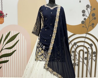 Navy Blue Georgette Lehenga: Embroidery Sequence Work, USA Women