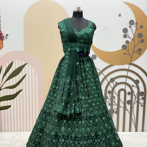Green Net Lehenga Choli: Embroidery, Sequin & Dori Work - Wedding Bridesmaid Dress