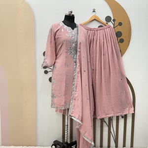 Pink Georgette Sharara Suit: Indian Designer Salwar Kameez with Sequence Work