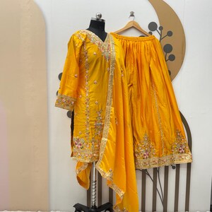 Yellow Chinnon Silk Sharara Suit: Indian Designer Partywear with Sequence Work