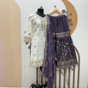 Lavender Chinnon Silk Sharara Set: Indian Designer Kurta with Sequence Work