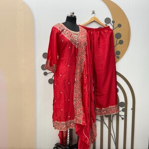 Red Chinon Silk Kurta Palazzo Set: Indian Embroidered Salwar Kameez