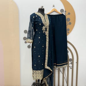 Aqua Blue Faux Georgette Salwar Kameez: Indian Designer Embroidered Kurta Set