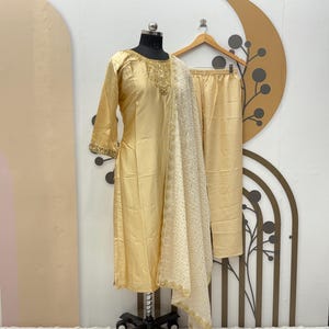 Embroidered Silk Kurti Pant Salwar Suit: Cream Indian Designer Dress