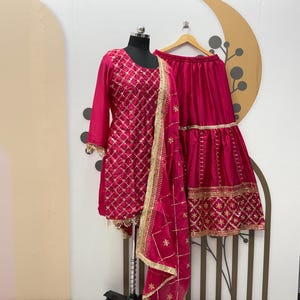 Dark Pink Chinnon Silk Sharara Suit: Embroidery Sequence Wedding Wear