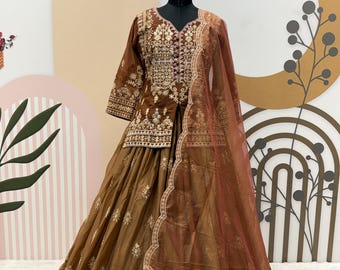 Embroidered Georgette Lehenga Set: Brown Top, Sequence Work, Traditional Indian Dress