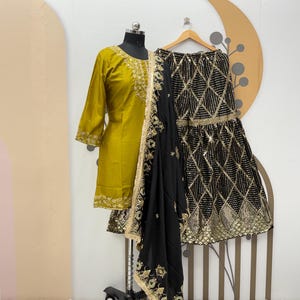 Mustard Yellow Chinnon Silk Sharara Suit: Embroidery & Dupatta Wedding Wear