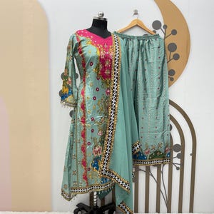 Mint Green Chinnon Silk Gown: Embroidered Pakistani 3-Piece Suit