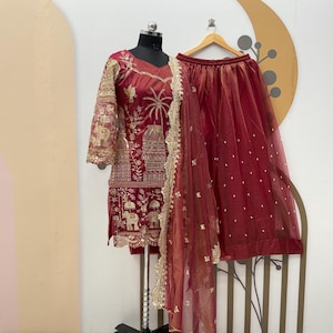 Embroidered Twill Net Kurta Sharara Set: Pakistani Party Wedding Outfit