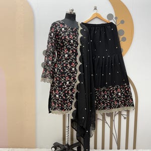 Embroidered Black Georgette Sharara Suit: Indian Wedding Party Wear