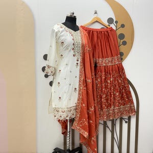 Embroidered Orange Sharara Suit: Chinon Silk Salwar Kameez with Sequence Dupatta