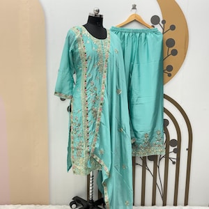 Sky Blue Chinnon Silk Punjabi Suit: Embroidered Salwar Kameez