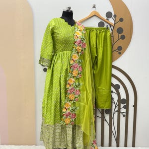 Embroidered Chinon Silk Gown with Dupatta: Indian Green Dress