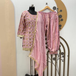 Dark Pink Embroidered Chinon Silk Kurta Dhoti Suit: Punjabi Festival Clothing