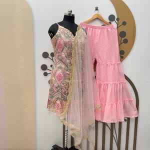Pink Embroidered Georgette Kurta Sharara Set: Pakistani Shalwar Kameez Suit