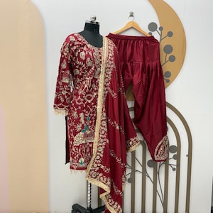 Premium Red Indian Designer Long Kurta Kurti with Pant and Dupatta Readymade Salwar Kameez set For USA Women, Festival, Casual Wear Dress